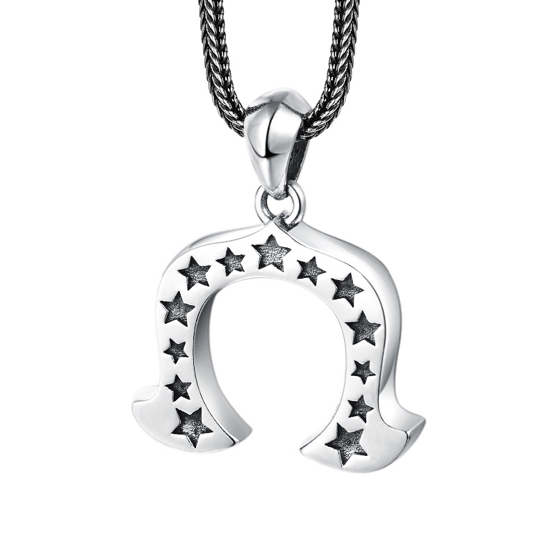 

Sterling Silver Horseshoe Pendant Necklace - Gothic Punk Fashion Jewelry for Men. Timeless Gift with Ball Chain in 50-65 cm.