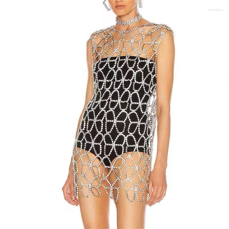 

Stage Wear Mesh Crystal Rhinestone Long Side Body Chain Tulle Dress, Gold