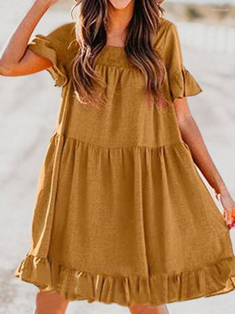 

Party Dresses Elegant Solid Short Sleeve Ruffle Shirt Dress 2023 Fashion Square Neck A-Line Loose Women Office Summer Casual, 02 red