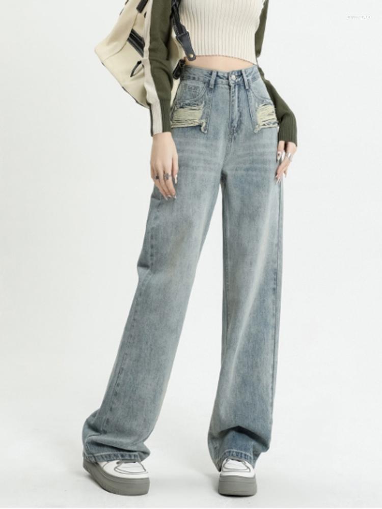 

Women's Jeans Spring 2023 Ripped Women High Waisted Hole Denim Pants Chic Light Blue Wide Leg Trousers Korean Fashion