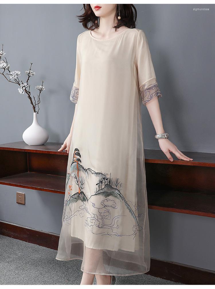 

Party Dresses Summer Original Chinese Style Flower Embroidered Big Size Improved Cheongsam Loosen A-version Dress For Women, Khaki