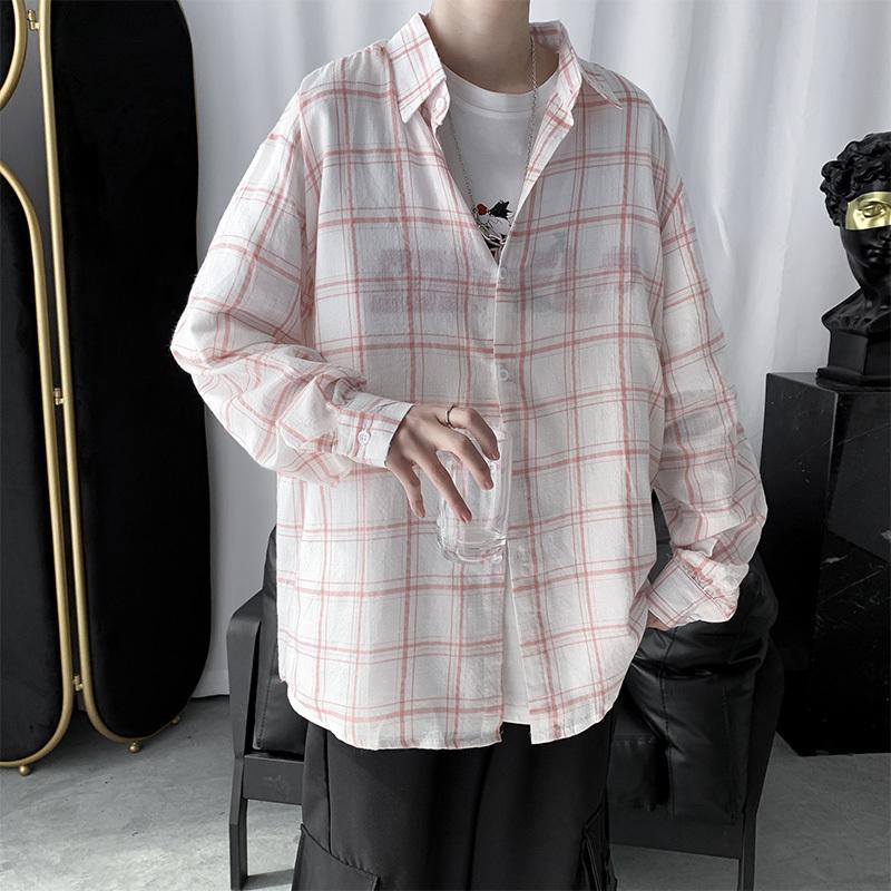 

Men's Casual Shirts 2023Spring And Autumn Youth Loose Plaid Thin Long-sleeved Shirt Fashion Wild Single-breasted White -XL