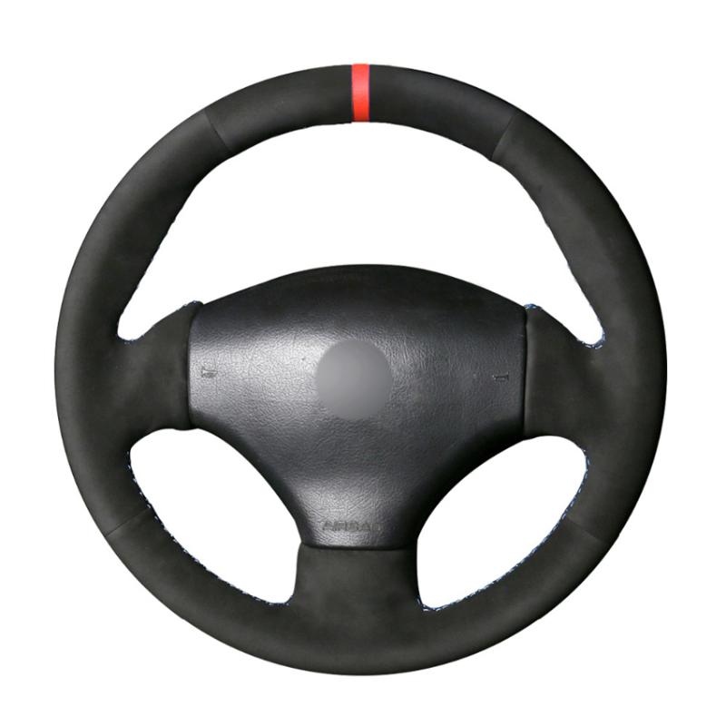 

Steering Wheel Covers Black Suede Red Marker DIY Hand-stitched Car Cover For 206 1998-2005 SW 2003-2005 CC 2004 2005Steering CoversSteering
