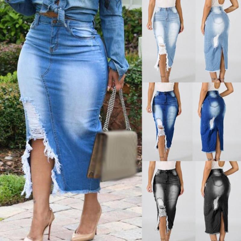 

Skirts S!!! Women Fashion High Waist Ripped Split Denim Distressed Jeans Bodycon Long Skirt Wholesale Drop, Lake blue