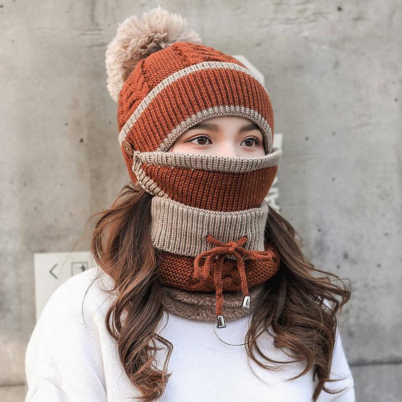 

Berets 3-in-1 Winter Set Unisex Warm Beanie Skullies Knit Face Mask Hood Snood Wind-proof Cap Women Ski Riding Hat And Scarf SetBerets, Beige