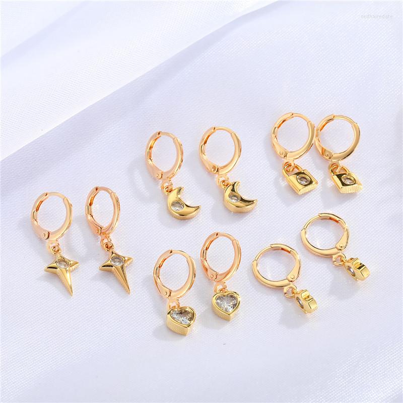 

Hoop Earrings 1Pair Cute Zircon Fatima Hand Heart Moon For Women Minimalist Lock Meteor Small Jewelry Gift E779