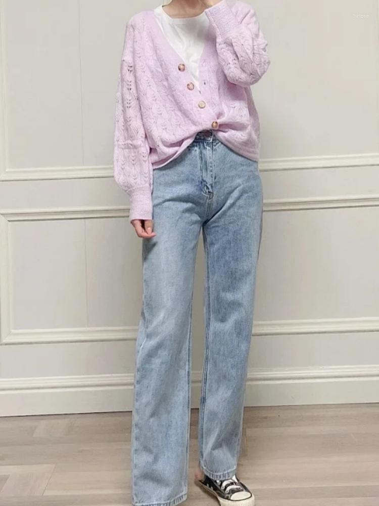 

Women's Knits 2023 Autumn Winter V-neck Puff Sleeve Solid Color Hollow Knitted Women Casual Long-sleeved Sweater Cardigan, Fairy purple