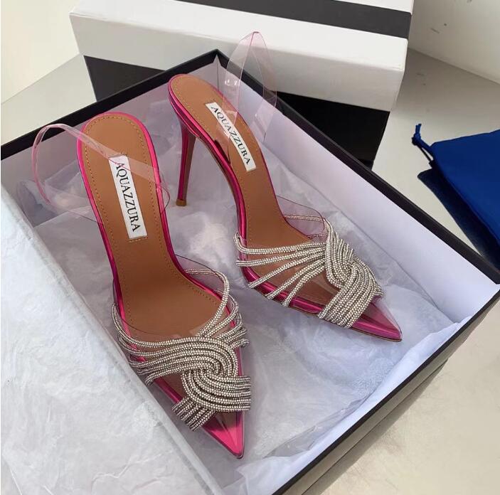 

rhinestone crystal-embellished sandals Aquazzura PVC Pumps High heels shoes100mm spool Slingbacks women Luxurys Designers Dress Evening shoes stiletto Heels box, 10