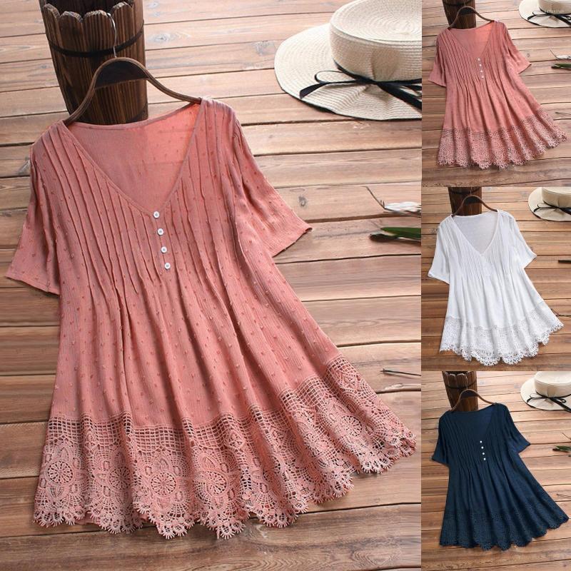 

Women' Blouses Women Blouse Summer Solid Shirts And Lace Embroidery Hollow Splice Short Sleeve Loose Top Vintage Blusas Female, White