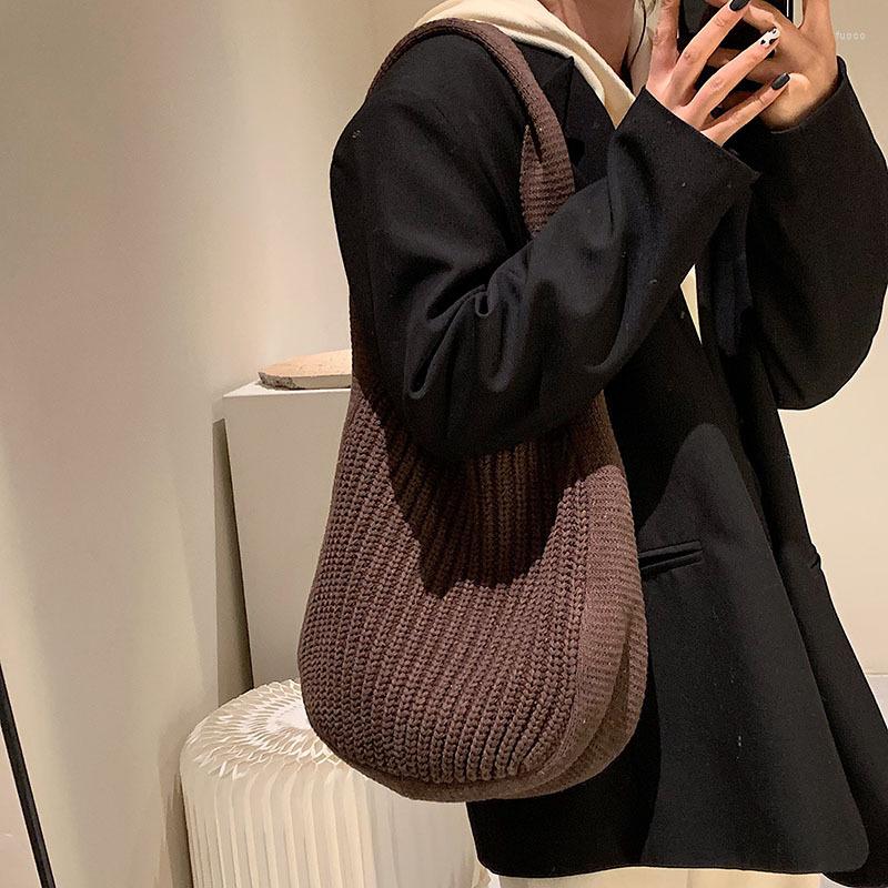 

Evening Bags 2023 Winter Wool Knitted Shoulder Bag Casual Women Tote Large Capcaity Ladies Portable Handbags Armpit, White