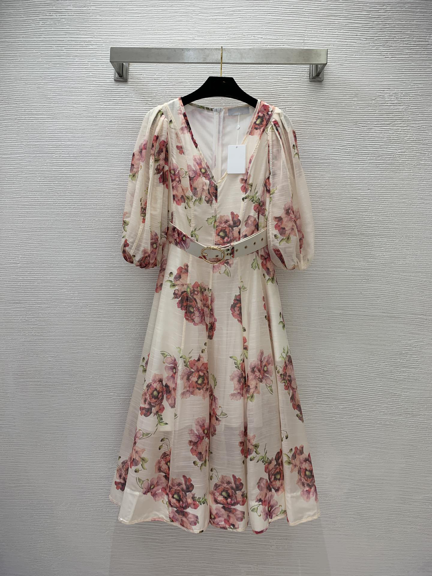 2023 Spring Pink Floral Print Waist Belted Dress 3/4 Lantern Sleeve V-Neck Midi Casual Dresses Brand Same Style Designer ZW2O2253