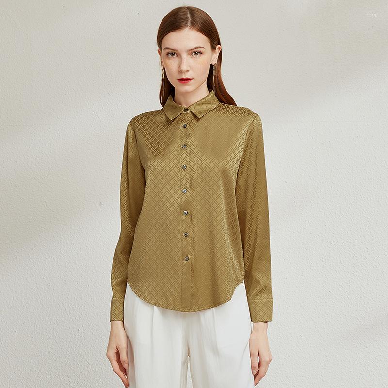 

Women' Blouses Mulberry Silk Shirt Elegent Office Lady Jacquard Plaid For Women Turn-down Collar Single Breasted Tops, Green