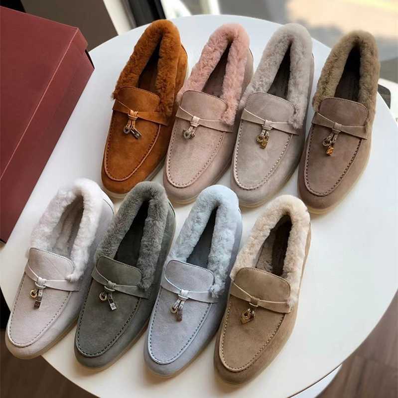 

Italy Original Designer Shoes Rolopiana Pure original LP women's shoes flat loafer sheep suede plush rabbit hair warm cotton women, Low-top sand color