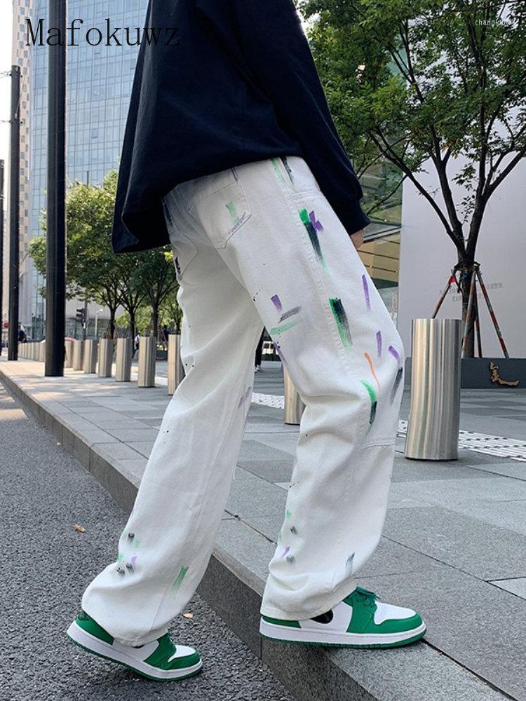 

Men' Jeans Mafokuwz High Street Graffiti Work Men' Denim Pants Hong Kong Style Handsome Straight Wide Back Long Trousers, Beige