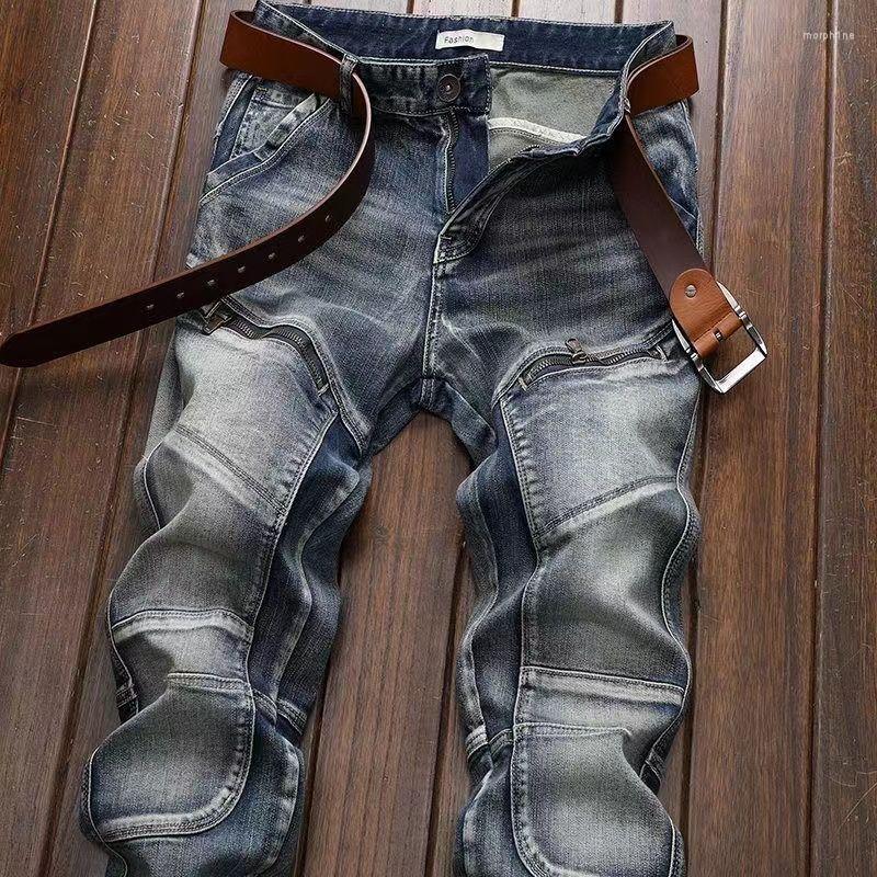 

Men's Jeans Spring Autumn Wash Denim Korean Style Blue Designer Cowboy Cycling Motorcycle Splice Vintage Cargo Strech Pant Jean Trousers, Blue 7702 elastic