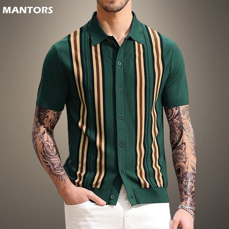 

Men's Casual Shirts Fashion Slim Men Shirts Short Sleeve Summer Thin Shirt Streetwear Striped Men Polos T Shirt Cotton Business Men's Clothing 230217, Npl013green