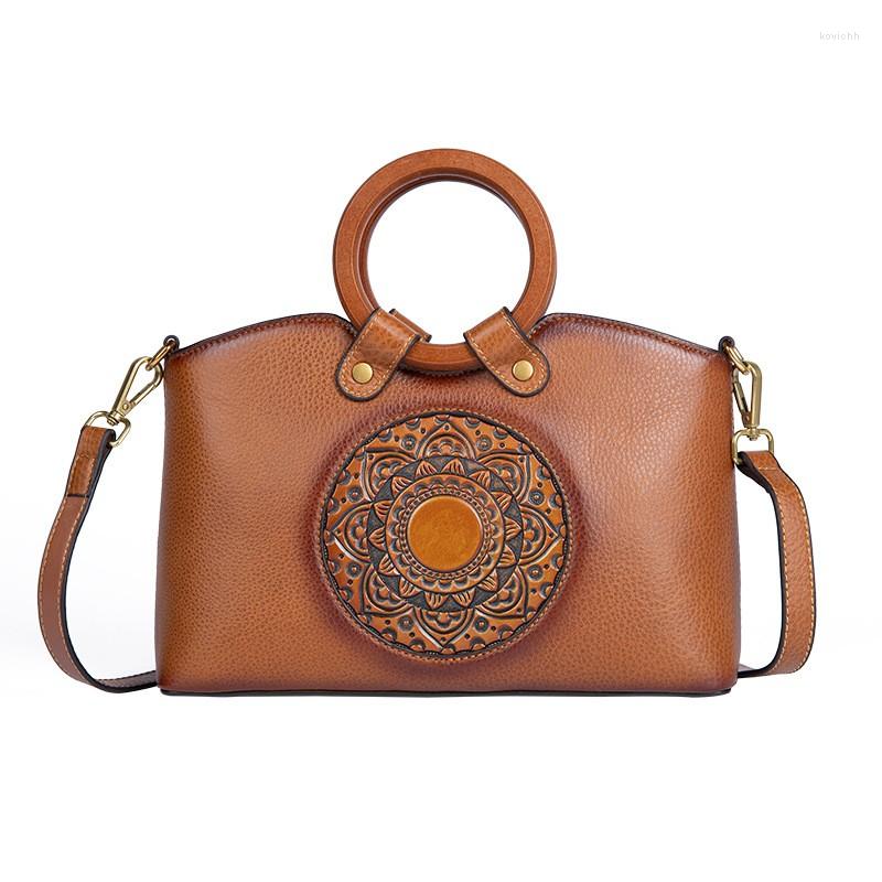 

Evening Bags Cowhide Female Tote Luxury Embossed Vintage Flower Design Handbag Genuine Leather Women Messenger Shoulder