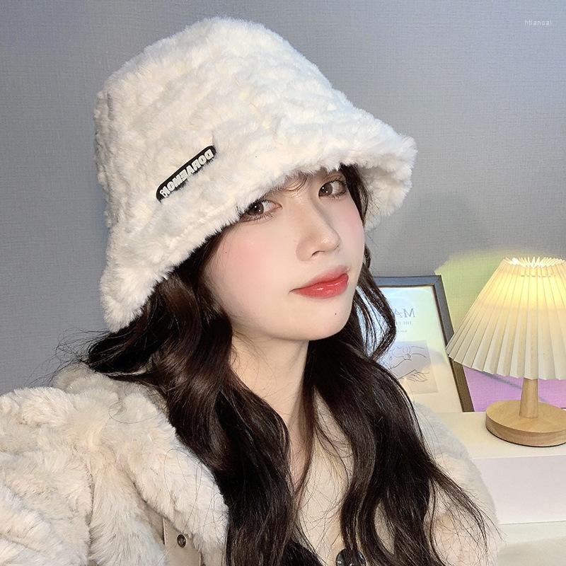 

Berets Fashion Autumn Winter Fur Bucket Hat Ball Plush Fisherman Soft Warm Thick Basin Protection Hats Christmas Gifts, White