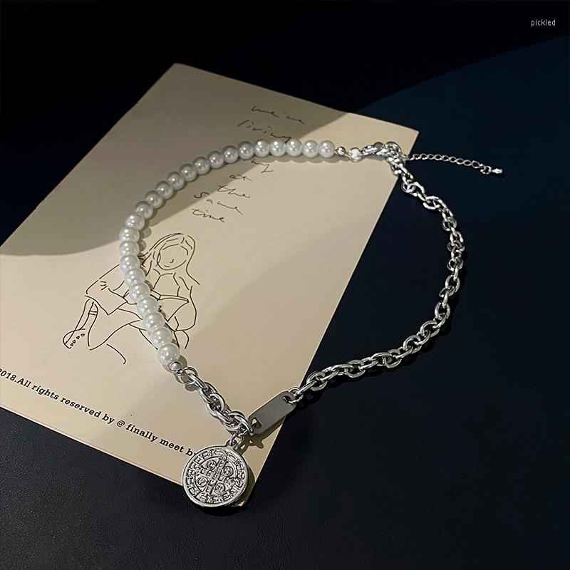 

Choker Origin Summer Trendy Coin Medallion Asymmetric Imitation Pearl Pendant Necklace For Women Metal Chunky Chain Jewelry
