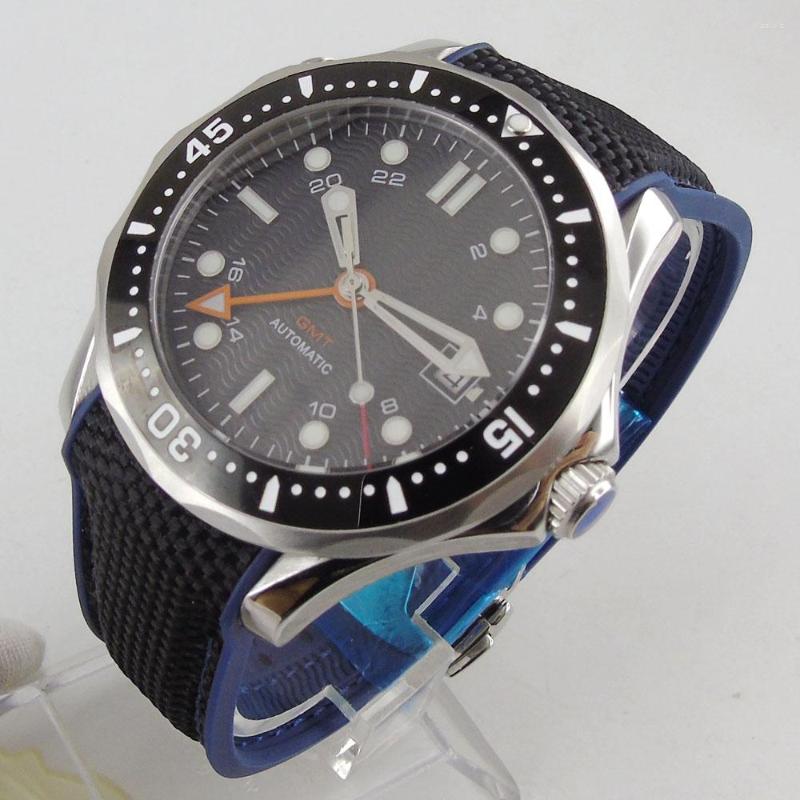 

Wristwatches 41mm Black Sterile Dial Self Winding Sapphire Glass Rubber Strap Date Window Men's Watch Automatic GMT Movement, Glass case back