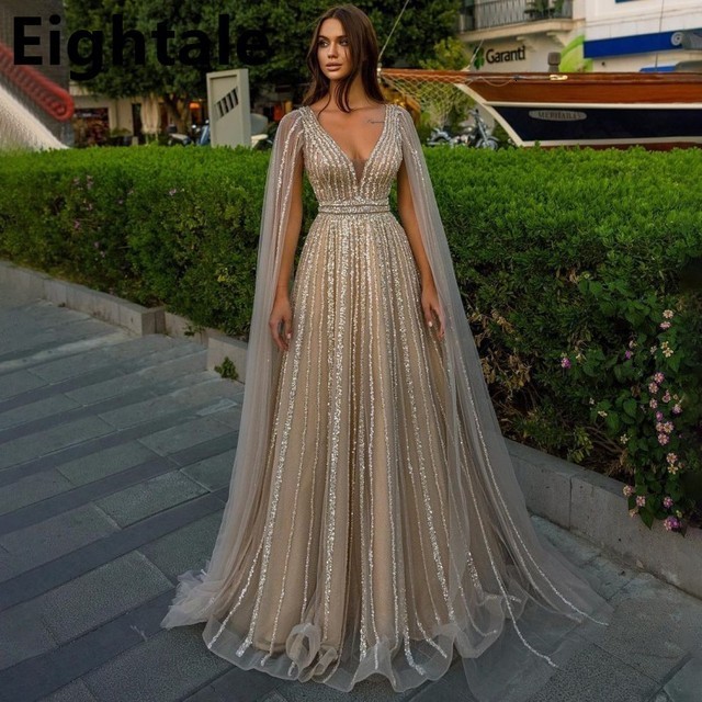 

Party Dresses A Line Shinning V Neck Evening Dresses For Wedding Party Long Luxury Sequined Formal Prom Dress Dubai Party Gown 230217, Custom made color