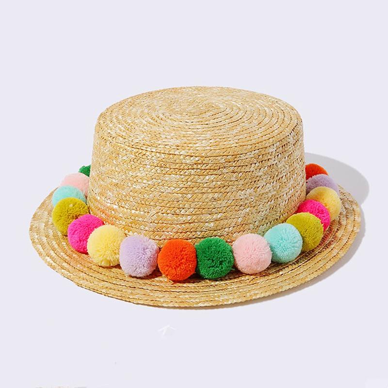 

Hats Caps & Summer Adult Kids Girls Straw Plaited Bucket Hat Flat Top Colourful Balls Beach Holiday Outdoor Sun Block Children Women Cap, As pictures