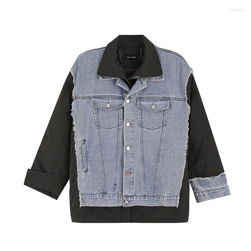 

Men's Down Harajuk Color Block Jeans Winter Coat Men And Women Thick Streetwear Oversize Lapel Wadded Jacket Loose Casual Windbreaker Coats, Black