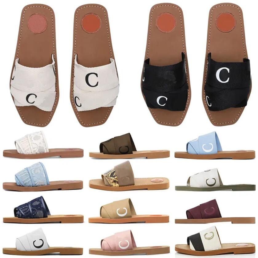 

Designer Woody Sandals For Women Mules Flat Slides Light Tan Beige White Black Pink Lace Lettering Fabric Canvas Slippers Womens Summer Outdoor Shoes No Box, 10