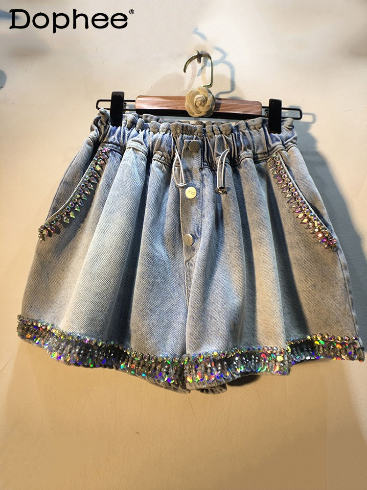 

Women's Shorts Fashion Diamond Sequin High Waist Denim Loose Casual Drawstring Wide Leg Jeans 2023 Spring 230217, Beige