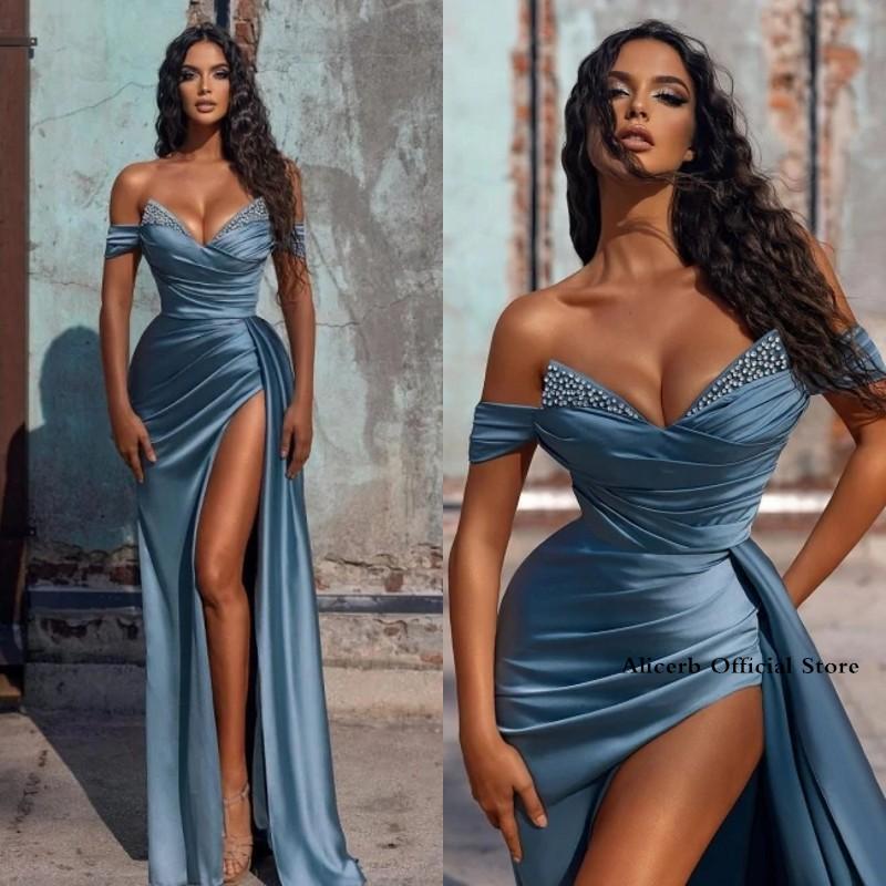 

Party Dresses Off Shoulder A-Line Prom Sexy Crystal Split Side High Evening Gowns Vestidos Elegantes Para MujerParty, Champagne