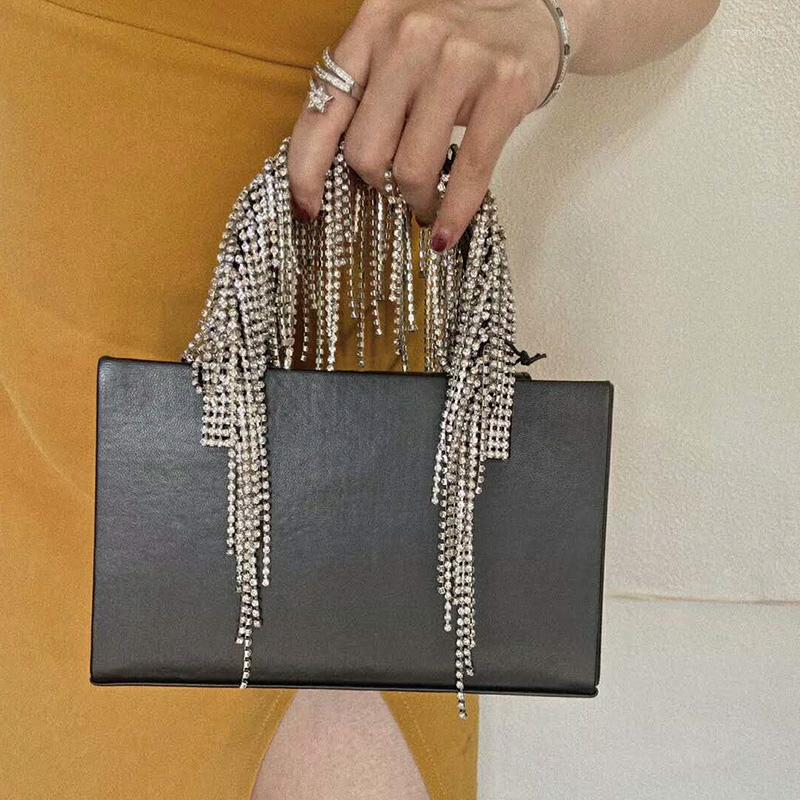 

Evening Bags Women Ladies Diamond Tassel Beaded Handle Leather Cowskin Totes Handbag Party Black Chains Messenger Bag Summer, Black 1