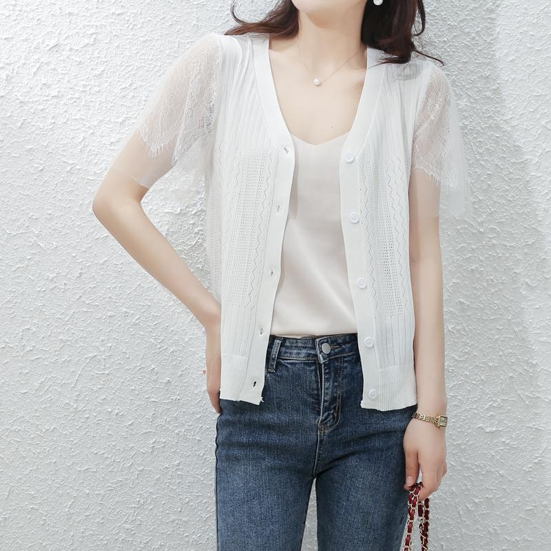 

Women's Knits 2023 Summer Short Sleeve Womens Sweater Tops V-neck Cardigan Loose Lace Patchwork Hollow Out Women Casual Clothes, Black