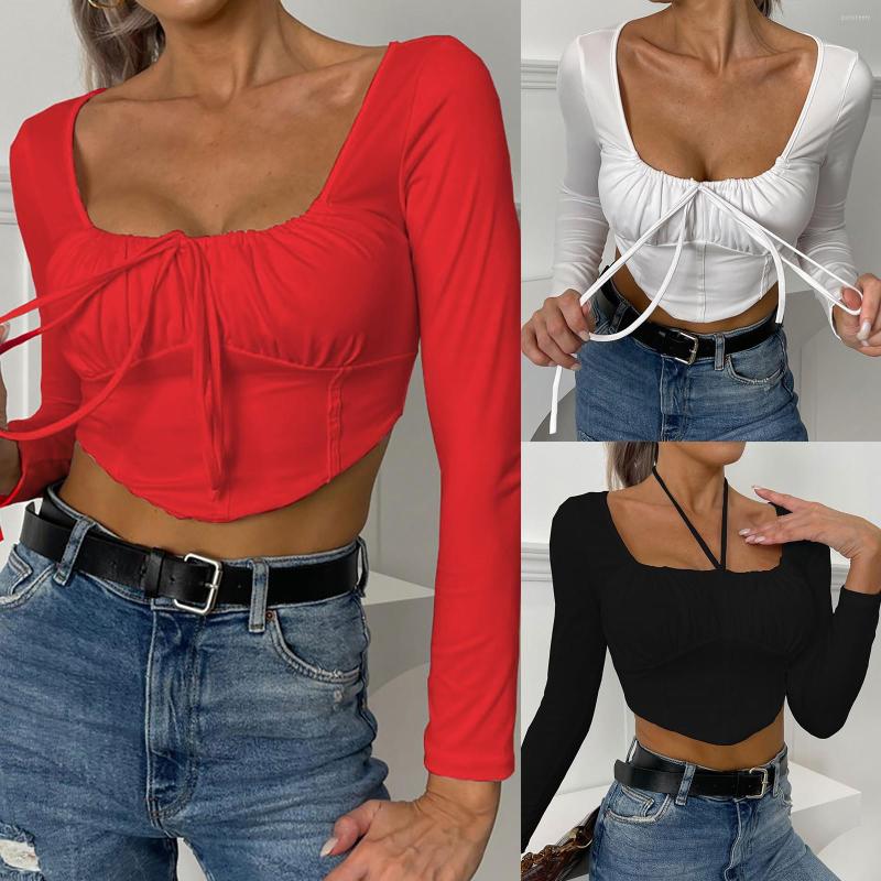 

Women's Blouses Sexy Gothic Tunic Shirt Autumn Long Sleeve Square Collar Slim Club Party Midriff Tops Elegant Women Halter Y2K Streetwear, Red