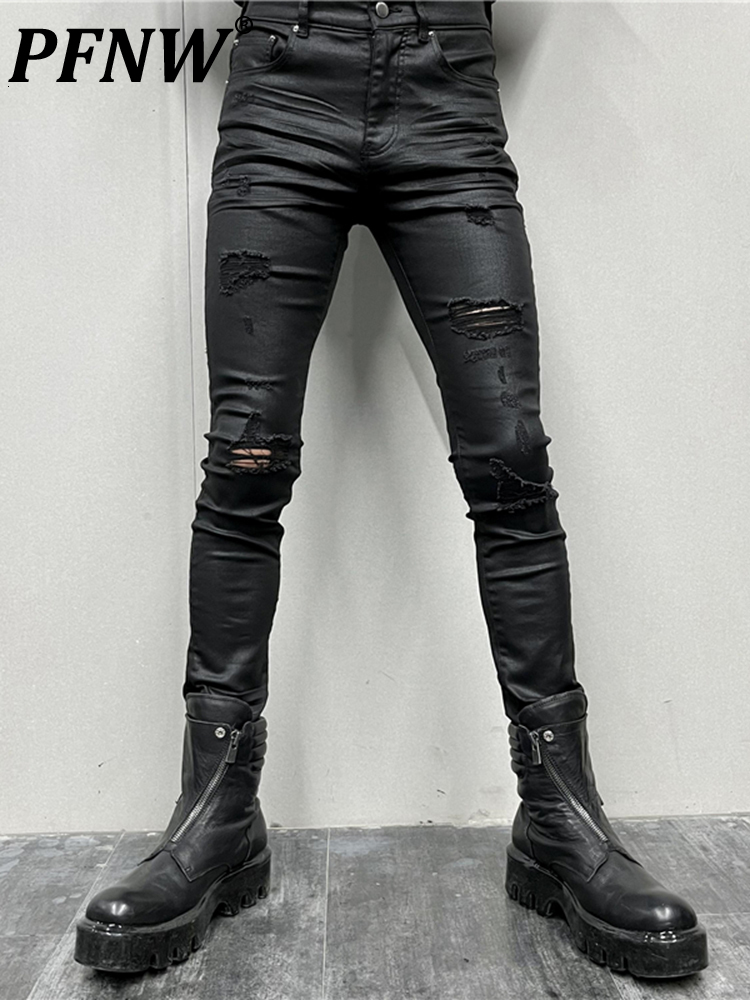

Men's Jeans PFNW Darkwear Retro Slim Fit Elastic Batik Holes Denim Pants Fashion High Street Waxed Leggings Trousers 12A5769 230217, Black