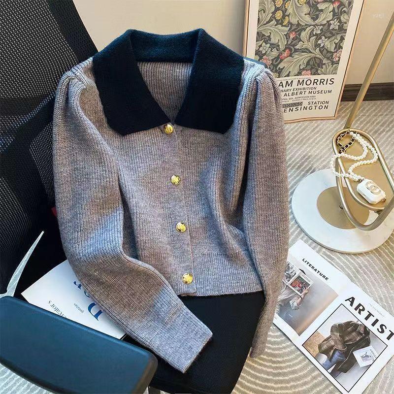 

Women's Knits 2023 Korean Style Spring Autumn Women Swaeter Cardigans Turn Down Collar Long Sleeve Single Breasted Short Cardigan, Gray