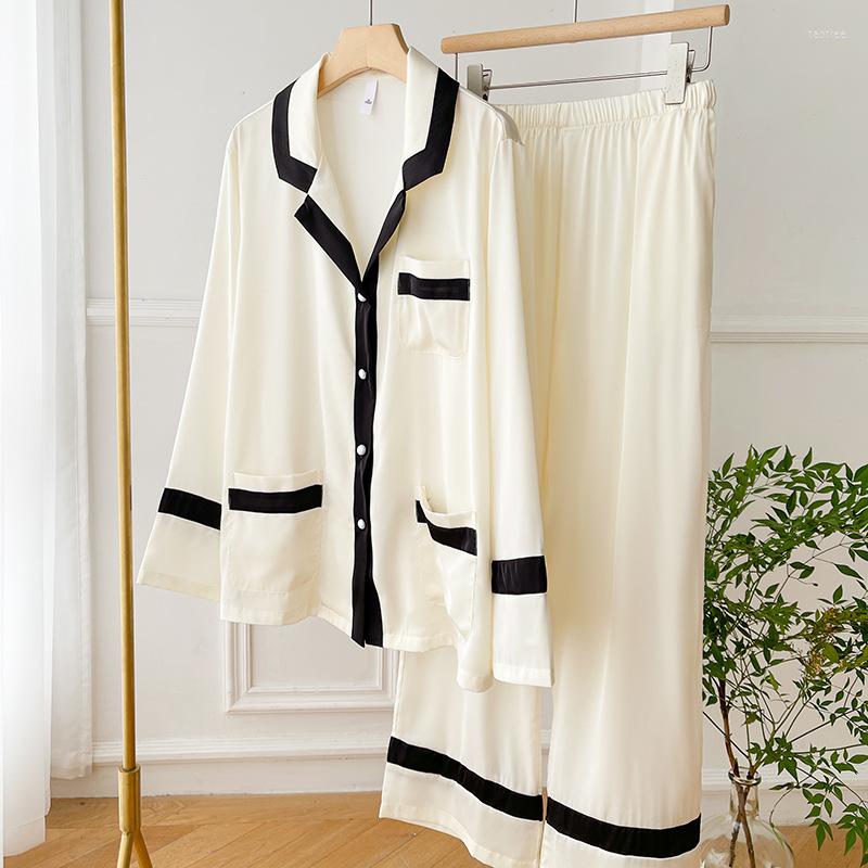 

Women's Sleepwear Spring Sexy Black White Satin Patchwork Long Sleeve Shirt Pants Homewear Autumn Couple Women Men Rayon Pajamas Set, Women style