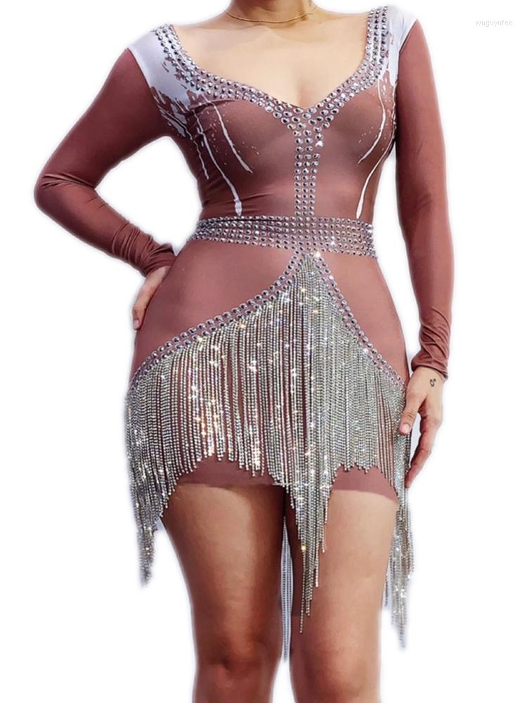 

Stage Wear Silver Rhinestones Fringes Dress Lady Prom Evening Outfit Bar Singer See Shining Birthday Tassels, Auburn