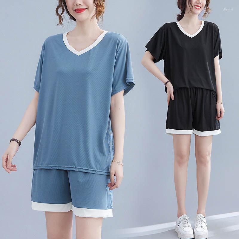 

Women's Sleepwear 150Kg Plus Size Women's Summer Contrast V-Neck Shorts Suit 6XL 7XL  9XL Loose Casual Elastic Waist Two-Piece 3, Black