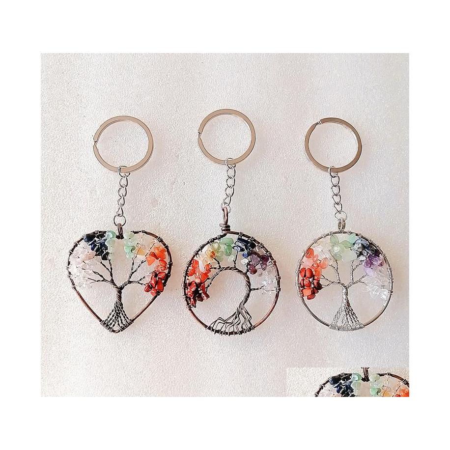 

Keychains Lanyards Wire Wrap Tree Of Life Reiki Healing Keyrings Natural Stone Heart Chakra Amethyst Pink Rose Crystal Key Rings W Dhwor