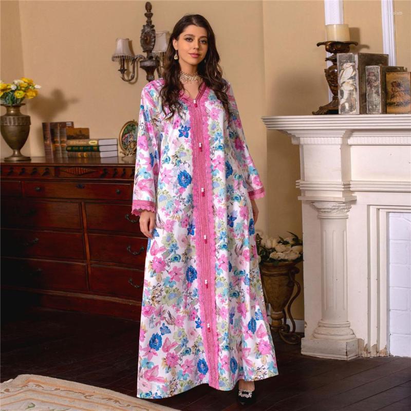 

Ethnic Clothing Muslim Abaya Dress Dubai Retro Floral Print Long Sleeve Dresses Moroccan Jalabiya V-Neck Maxi Robe Islamic Ramadan Kaftan