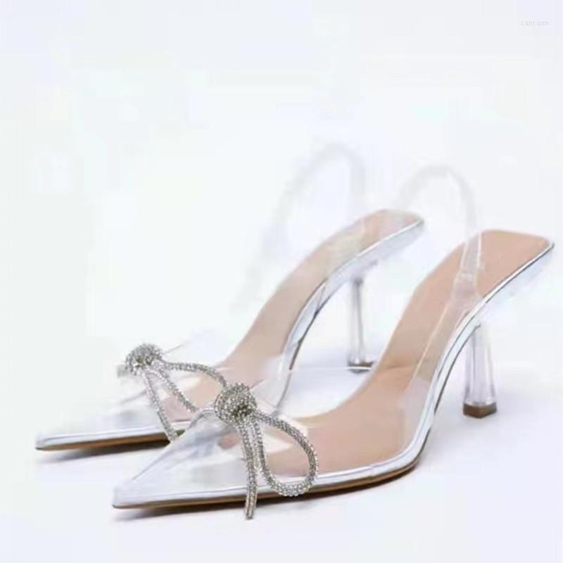 

Dress Shoes 2023 TRAF Woman Sparkly Bow Heels Fashion Bling Transparent Pointed Toes Sandals Elegant Slingback Crystal Female Party Pumps, Light yellow