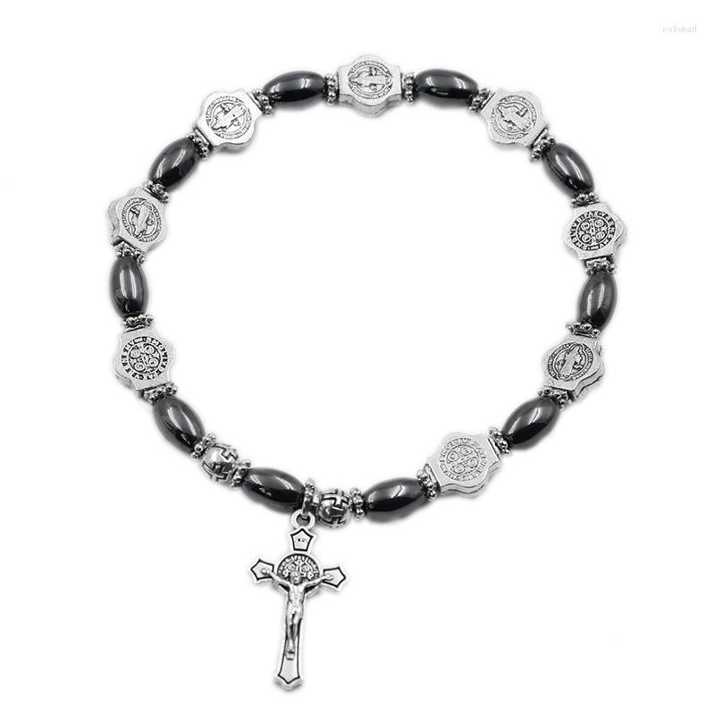 

Strand VILLWICE Vintage Hematite Rosary Bracelet St Benedict Medal Jesus Cross Bracelets Catholic Jewelry Prayer Gift