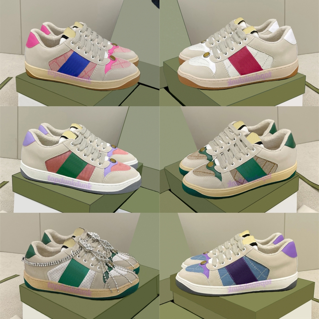 

Luxury Casual Shoes Mens Classic Vintage Screener Leather Web Sneaker Womens Designer Dirty Leather Shoe Green Obsidian Grey Strawberry Pattern Men Women Sneakers, 07 fuchsia blue vintage treated