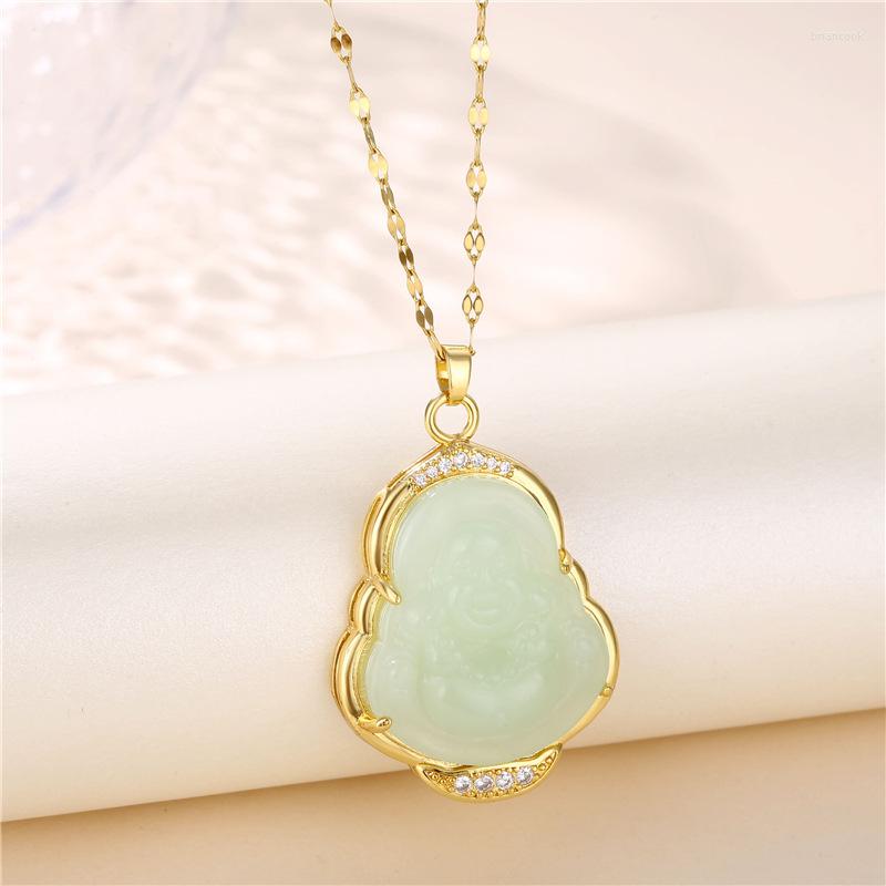 

Pendant Necklaces Elegant Mint Green Smiling Maitreya Buddha For Women Vintage Lucky Guard Stainless Steel Female Neck Chain