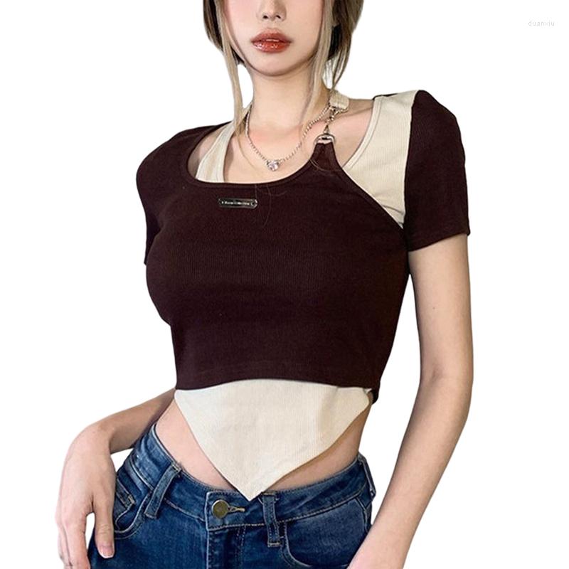 

Women's T Shirts Women Fake 2-piece T-shirt Short Sleeve Patchwork Slim Fit Summer Casual Daily Tops, Multi