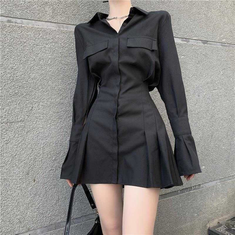 

Casual Dresses HOUZHOU Black Shirt Dress Women Elegant Vintage Long Sleeve Dresses Sexy Gothic Pleated Streetwear Turn-down Collar Casual Robe L230217, White