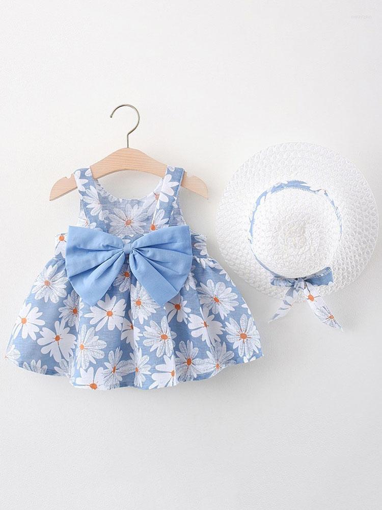 

Girl Dresses 2023 Summer Baby Girls Dress O-Neck Sleeveless Floral Print Bowknot Princess Hat Cute Born Beach Sundress, Yellow 02