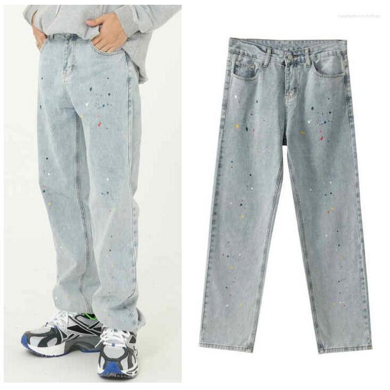 

Men's Jeans Hip Hop Paint Splashed Loose Straight Male Youth Retro Hole Pants, Blue