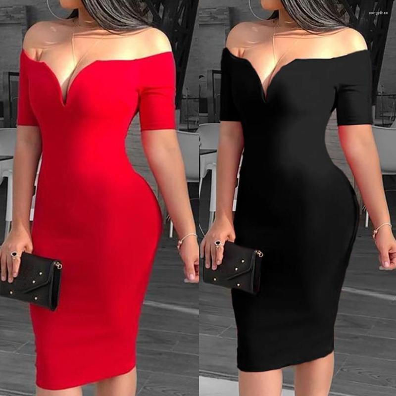 

Casual Dresses !!! Arrival Club Solid Color Women Sexy Off Shoulder V Neck Short Sleeve Bodycon Midi Dress Wholesale Drop, Black