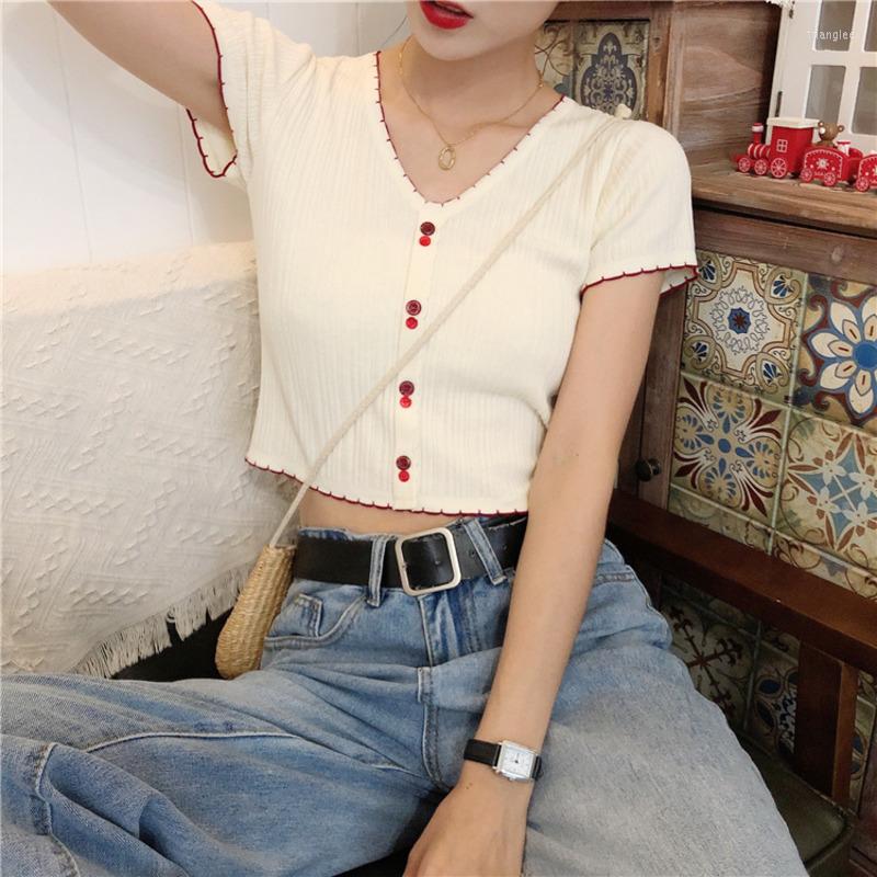 

Women's T Shirts Summer V Neck Button Tee Women Solid Color Crop Top Short Sleeve T-shirt Female Korean Style Shirt Camiseta Mujer En, Black